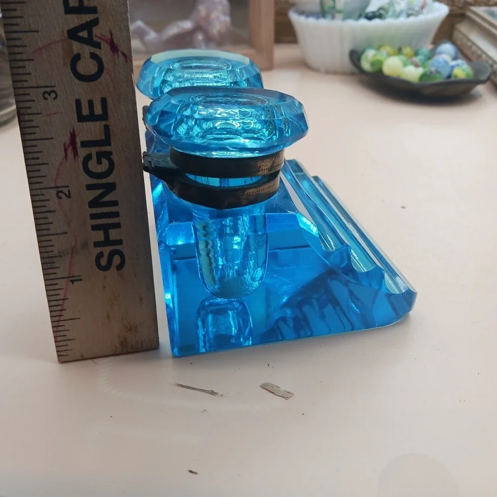 Antique Peacock Blue Glass DOUBLE Inkwell, Late 19th Century Victorian Desk